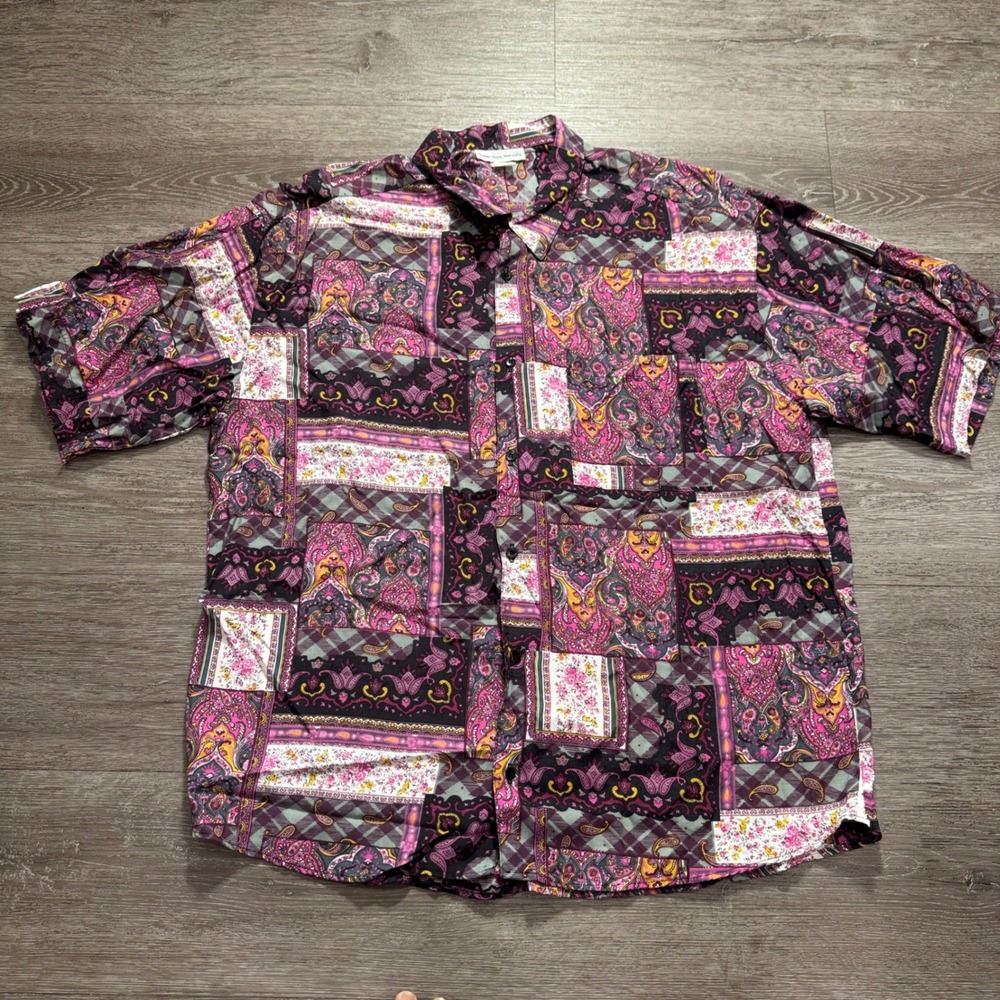 Steven Ross Shirt Mens XL Purple Rayon Paisley Patchwork Vintage Boho Summer USA